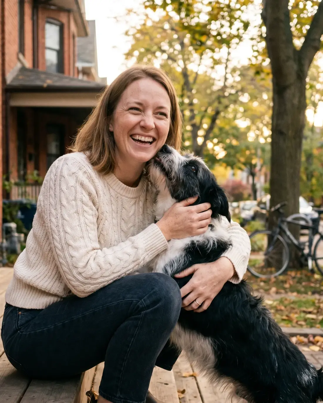 A neighbour laughing on a Toronto porch as a black-and-white dog leans in for a kiss